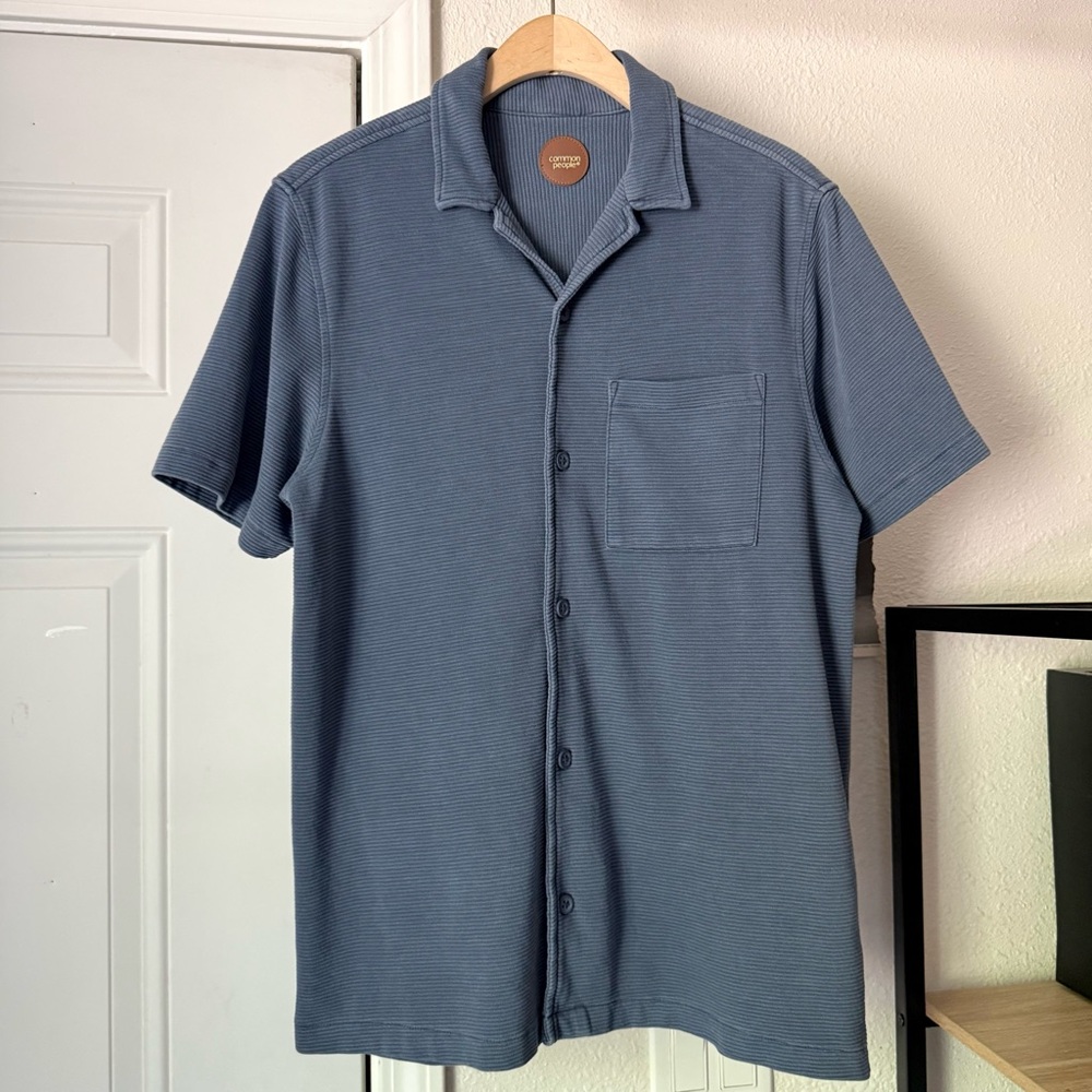 COMMON PEOPLE blue rib ribbed knit cotton blend short sleeve button‎ up shirt